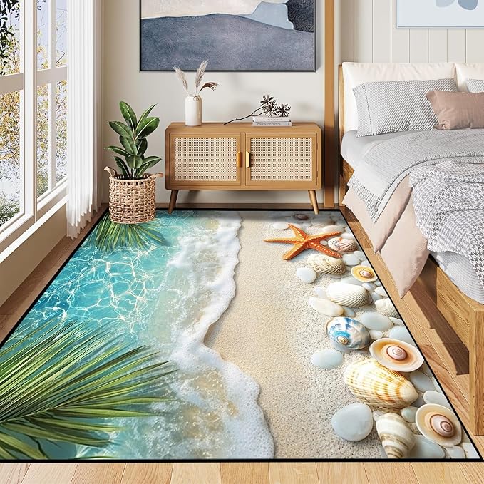 4'x6' Beach Rug Starfish Seashell Area Rugs for Bedroom Living Room Kitchen Nursery Playroom Home Decor Ocean Sea Wave Carpt 3D Non Slip Washable Throw Rug Coastal Seaside Floor Mat