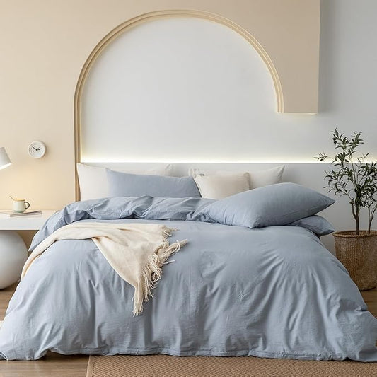 JIYUAN 100% Washed Cotton Duvet Cover Set 3 Pieces Full, 1 Duvet Cover 80x90 Inches(Comforter Not Included) and 2 Pillowcases,Linen Feel Bedding Set Comfy and Breathable, Heathered Light Blue