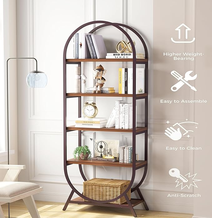 Bookshelf Arched Bookcase, 5 Tier Open Freestanding Display Shelf for Home Office, Living Room, Walnut