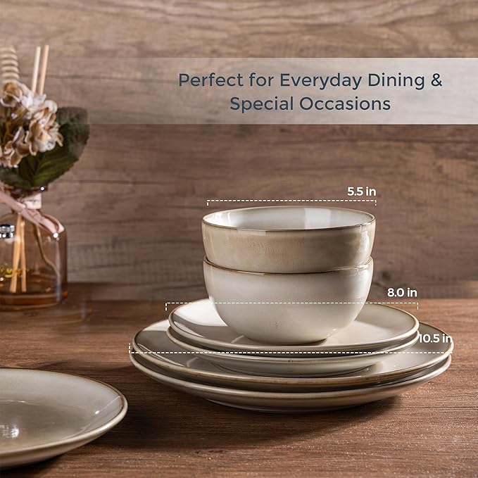 AmorArc Ceramic Dinnerware Sets for 4, 12 Pieces Handpainted Stoneware Plates and Bowls Set, Scratch Resistant Dishes Set, Dishwasher & Microwave Safe, Cappuccino