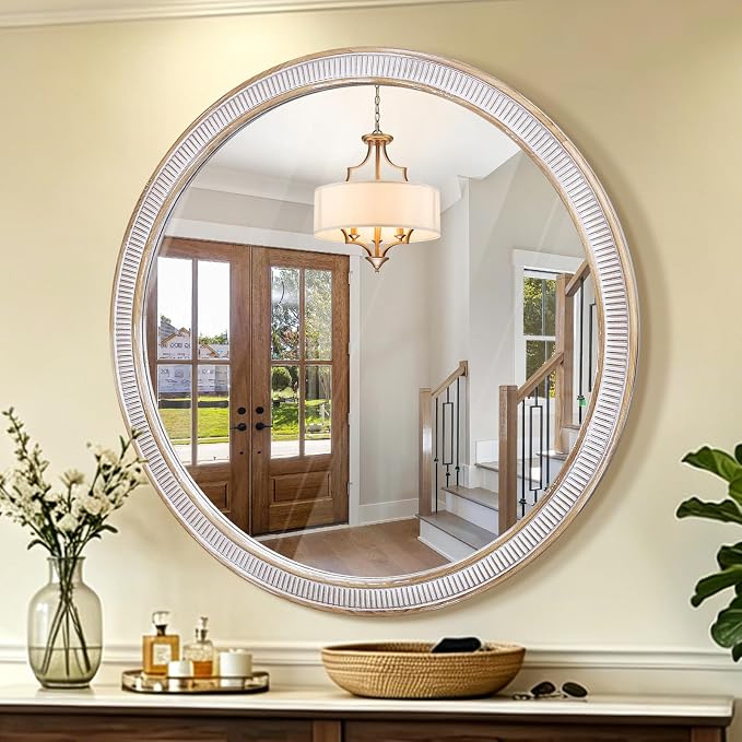 HOITUZYUS 36 Inch Large Round Wood Wall Mirror, Rustic Farmhouse Decorative Circle Mirrors for Bathroom Vanity, Entryway, Living Room, Bedroom, Foyer
