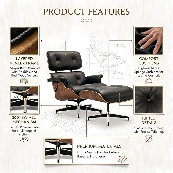 Mid Century Chaise Lounge Chair with Ottoman, Top Black Grain Leather, Modern Office Chair Classic Design, Heavy Duty Base Support for Living Room Study Lounge Office