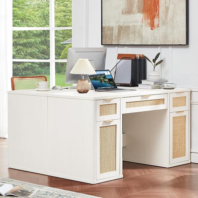 LEYAOYAO Office Desk 56" with 5 Drawers Storage File Cabinet Rattan Wood Desk for Computer Office Bedroom Home Furniture White