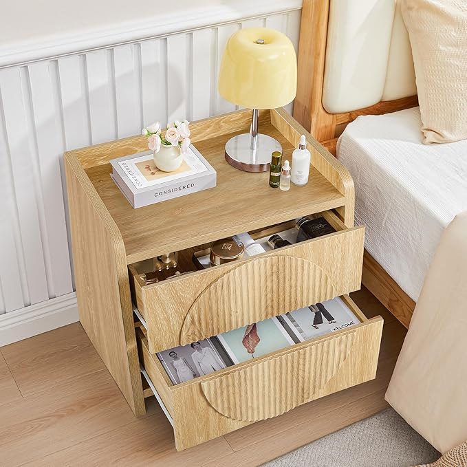 Turtle&Myrtle 24 Inch Wide Fluted Nightstands Set of 2, Large Night Stand with 2 Drawers, Mid Century Modern Bedside Table End Table with Storage for Bedroom Living Room Office (Natural)