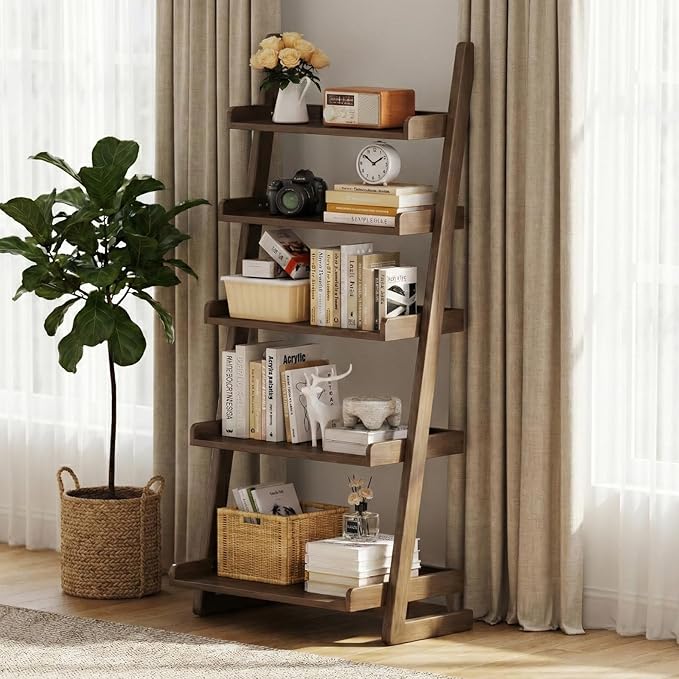 Walnut Wooden Ladder Shelf with Edges - 5 Tier Leaning Ladder Bookshelf Shelf Bookcase for Saving Space, Solid Wood Book Shelf for Living Room, Bedroom, Home Office, 23.6" Dx15.7 Wx55.1 H