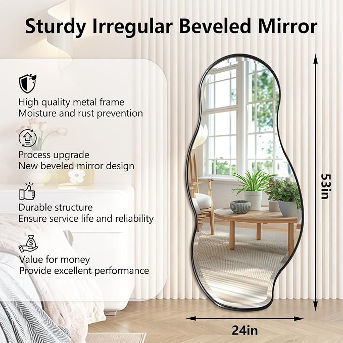 POZINO Large Irregular Beveled Mirror, 53"x24" Asymmetrical Vanity Wall Mirror with Metal Frame, Organic Shape Mirrors for Entryway Living Room Bedroom Bathroom, Horizontal/Vertical Hanging