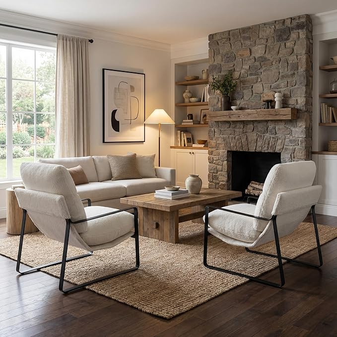 LukeAlon Modern Sherpa Accent Armchairs Set of 2, Upholstered Living Room Chairs with Metal Base Thickened Cushion Single Sofa Chairs Comfy Lounge Chairs for Bedroom Living Room, White