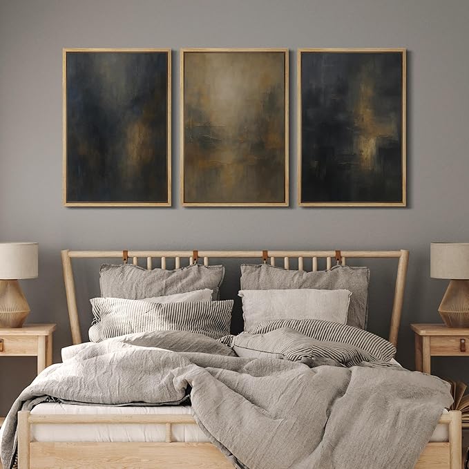 MUDECOR Framed Wall Art Print Set Dark Abstract Modern Contemporary in Navy Blue and Gold Brushstrokes Illustrations Modern Art Decorative for Living Room, Bedroom, Office - 16"x24"x3 Natural