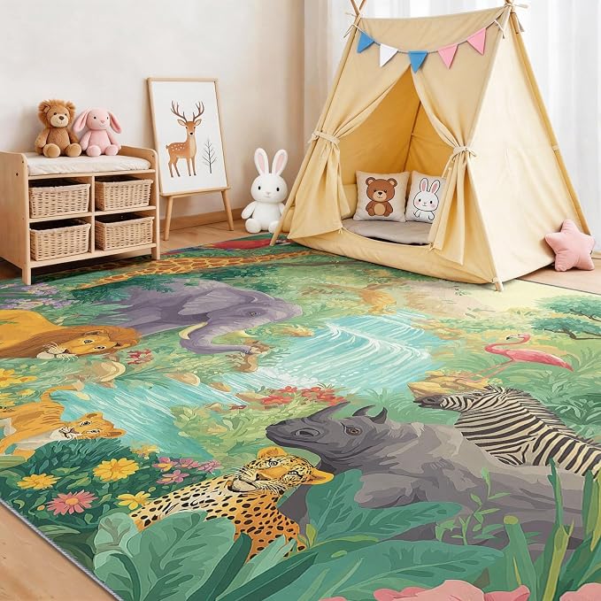 Green 5' x 8' Washable Area Rug for Living Room, Modern Tropical Rainforest Animals Giraffe Flamingo Printed Non-Slip Carpet - Low Pile Soft Indoor Rug for Bedroom Kids Playroom Parent-Child Space