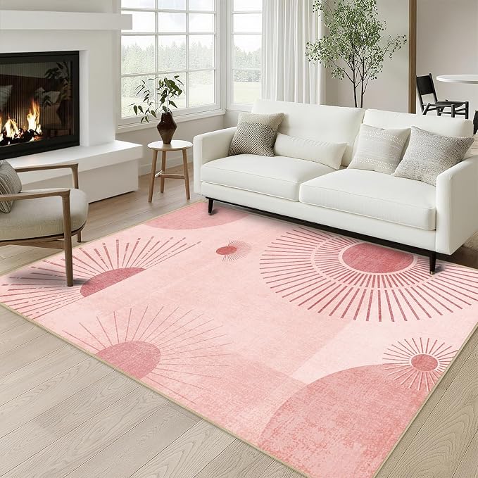 Sun Rug 3x5 for Living Room Mid Century Modern Area Rugs Machine Washable Boho Geometric Rug Non Slip Printed Low Pile Indoor Floor Carpet for Kitchen Bathroom Bedroom,Pink