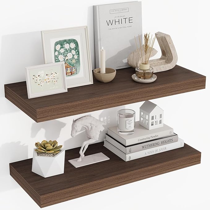 24 Inch Floating Shelves, 24"x9.25"x1.5" Inch Deep Floating Shelves for Wall, Wooden Shelves for Bathroom, Bedroom, Living Room, Walnut, 2 Pieces