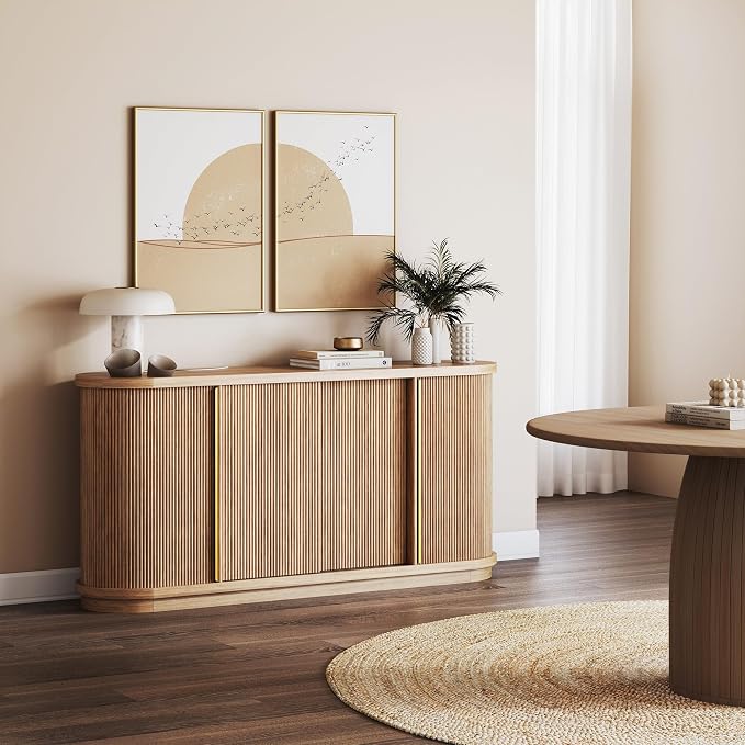 BELLEZE Turin 67" Modern Curved Sideboard with Sliding Tambour Doors - Fluted Wood Buffet Cabinet & Credenza - Oval Media Console with Gold Accents for Dining Room, Living Room, or Entryway (Camel)