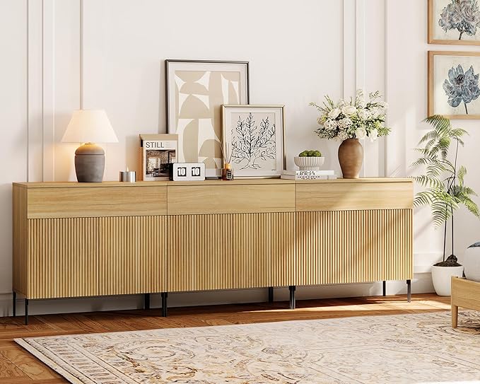 WAMPAT 94.5" W Large Sideboard Buffet Cabinet with Storage,3 in 1 Fluted Sideboard Buffet with 6 Doors, Wooden Buffet Table, Coffee Bar Wine Bar Cabinet for Kitchen, Dining Room, Living Room, Oak