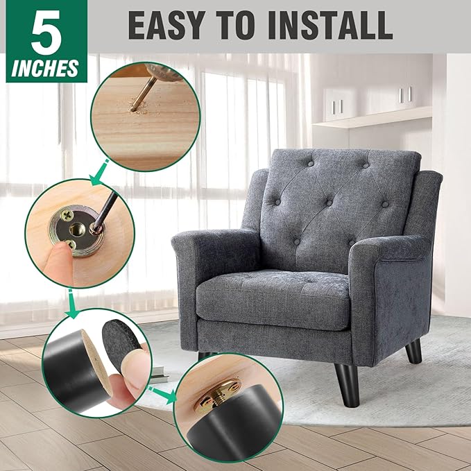 FoDau770 Black Rubber Wood Furniture Legs 5 Inches, Slant Tapered Wood Feet Mid Century Sofa Legs Set of 4, 5/16" UNC Furniture Feet Replacement Parts for Cabinet Couch Dresser Chair Ottoman Table