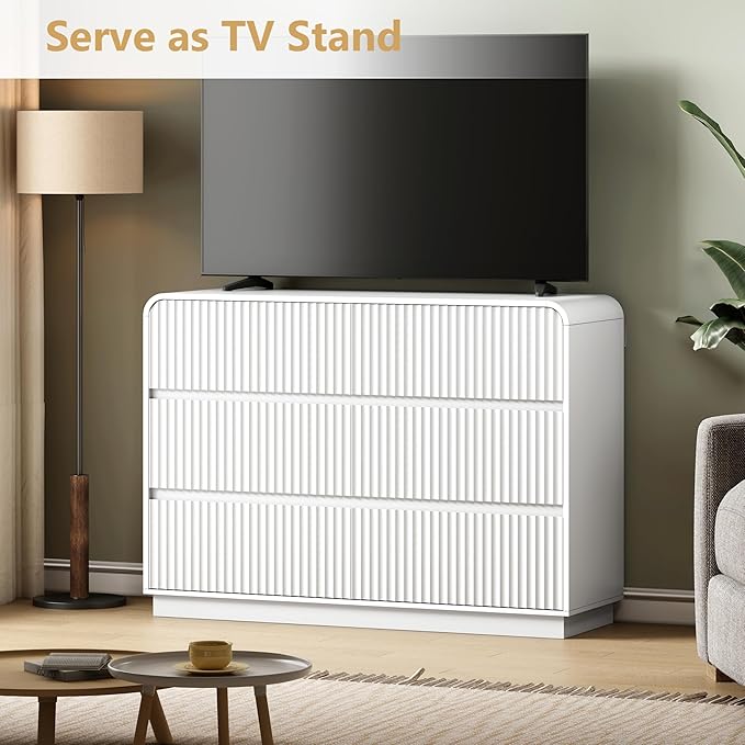 White Dresser Fluted 6 Drawers Dresser for Bedroom, 47" Wide Wood Chest of Drawers with Hidden Handles & Rounded Corners, Modern TV Stand Storage Cabinet for Living Room, Hallway, Entryway