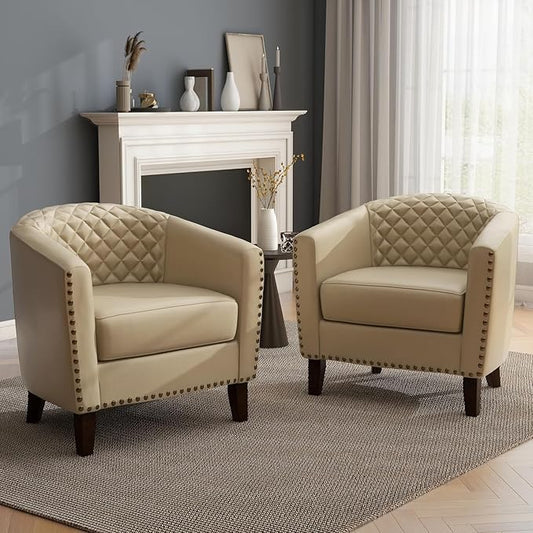 UIXE Faux Leather Barrel Accent Chairs Set of 2, Round Club Chair Modern Upholstered Armchair for Living Room, Comfy Nailed Trim Arm Chair Bedroom Reading Seat - Beige