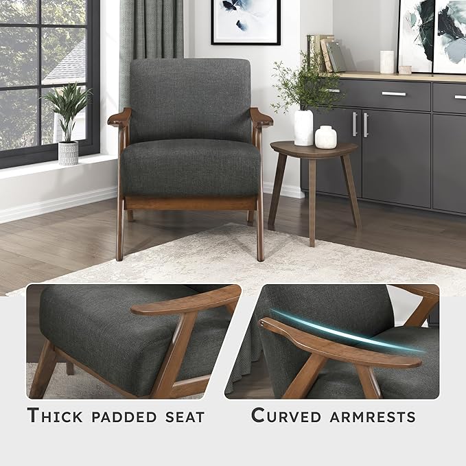 Lexicon Mid Century Modern Accent Chair with Solid Wood Frame in Walnut Finish, Upholstered Living Room Lounge Arm Chair, Thick and Comfy Innerspring Seat Cushion, Linen-Look Fabric, Dark Grey
