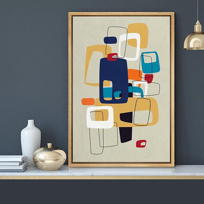 MUDECOR Framed Canvas Print Wall Art Mid-Century Modern Colorful Polygon Collage Abstract Shapes Illustrations Minimalism Decorative Bohemian Multicolor Geometric Retro for Bedroom - 24"x36" Natural