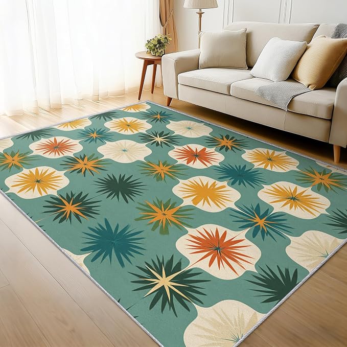 Mid Century Modern Rugs for Living Room Decor, 3x5 ft, Retro Geometric Flower Area Rugs for Bedroom, Soft Non Slip Washable 70s MCM Atomic Carpet Home Decorations D-g48