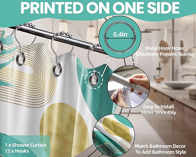 Teal Blue and Gold Shower Curtain Turquoise Aqua and White Shower Curtains for Bathroom Decor Boho Mid Century Bath Curtain Set, Waterproof Fabric with Hooks 60 x 72 Inch