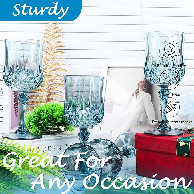 Plastic Wine Glasses, Plastic Goblets Vintage Style Cordial Drinking Glasses for Valentine’s Day, Wedding Reception, Grand Event Party Supplies (24, Dusty Blue)