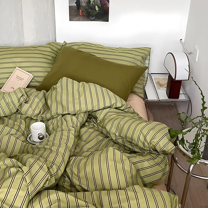 mixinni Vintage Stripes Duvet Cover Set Twin XL - 3-Piece Mid-Century Cotton Olive & Taupe Striped Bedding, Soft Breathable All-Season Comforter Cover with Zipper Closure & Corner Ties-Twin XL Size