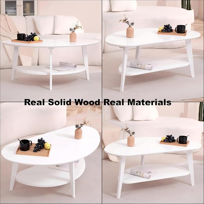 NAVREX Mid Century Modern Coffee Table, Oval Coffee Tables with Storage for Living Room, 2 Tier Solid Wood Center Table, White Coffe Tables, Easy Assembly, Value Lies in Material 40.2" D x 22" W