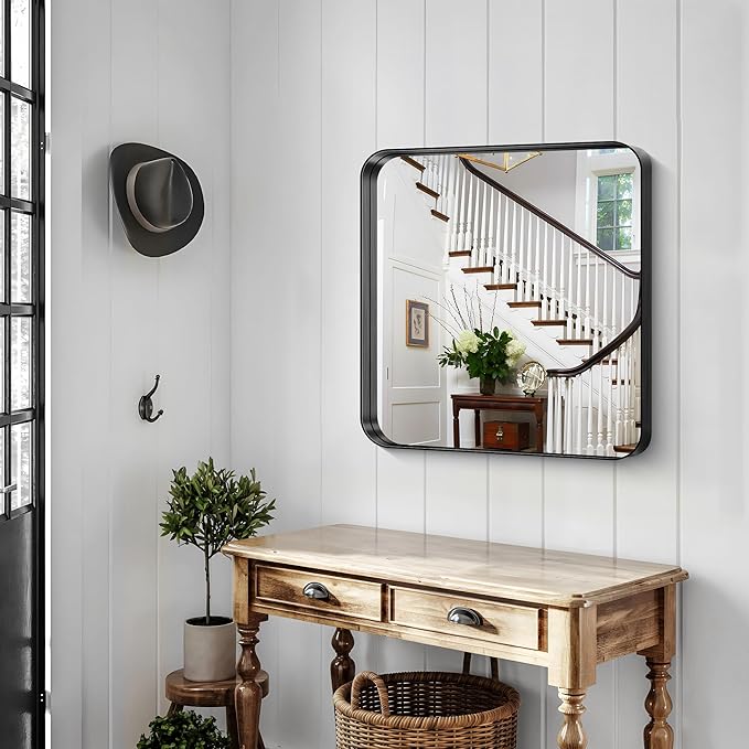 CIRCUMI Black Bathroom Mirror, 30"x30" Rectangular Mirror with Deep Metal Frame, Rounded Corner, Tempered Glass, Square Mirror for Wall, Oversink, Bedroom, Living Room, Vanity, Entryway, Crystal-Clear
