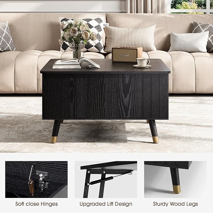 32" Square Lift Top Coffee Table with Storage, Modern Black Center Table for Living Room, Minimalist Wood Cocktail Table with Rising Desktop, Home Office