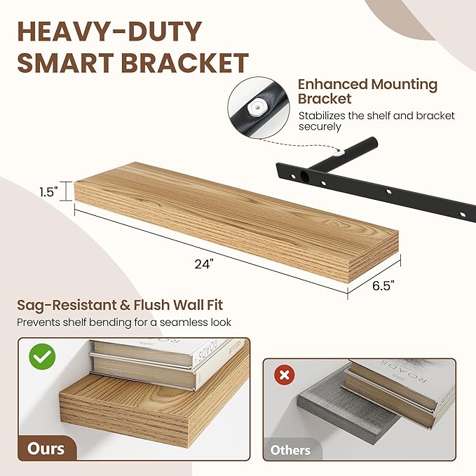 24 Inch Floating Shelves for Wall 2 Pack, 24" Wall Shelves for Books, Storage, Decor, Wall Mounted Floating Shelf with Invisible Brackets for Kitchen, Living Room, Light Brown