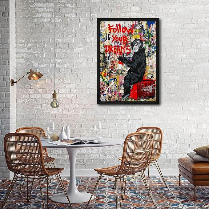 Banksy Canvas Wall Art Monkey Follow Your Dreams Street Graffiti Wall Art Banksy Prints Gorilla Poster Monkey Artwork Graffiti Pictures Painting for Home Living Room Decor 16x24 Inch Black Framed