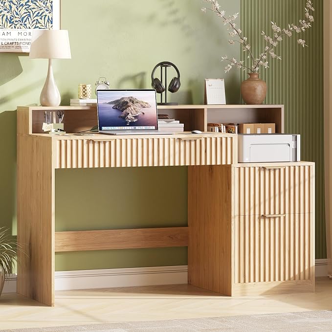 Vabches Fluted Computer Desk with Power Outlets, Home Office Desk with Drawers, Printer Stand, Wood Computer Desk with Long Monitor Stand, Oak