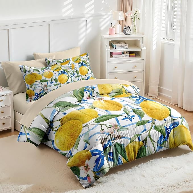 Nesker 7 Pcs Comforter Set Full Size, Lemons Blue Italian Bedding Set for Kids and Adults, Natural Flower Summer Bed Sheet Sets with Fitted Sheet 2 Pillowcases & 2 Shams