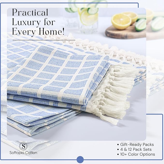 Matrix Dobby Kitchen Towels 12 Pack, 100% Cotton, 16x26 Inches, Handmade Knotted Tassel Dish Towels, Quick Dry, Durable, Absorbent and Reusable Cleaning Cloths - Sky Blue, Natural