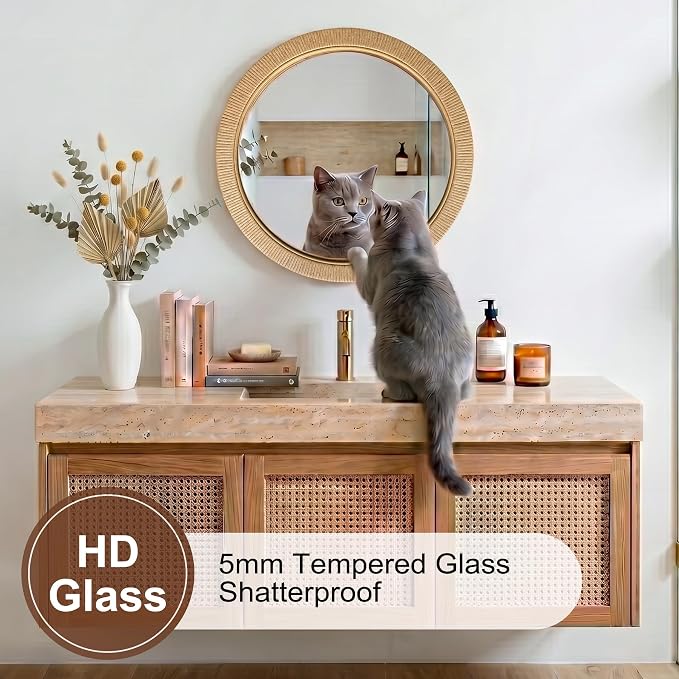 24"x24" inch Large Round Rattan Mirror for Wall, Boho Decorative Wicker Mirror Waterproof Synthetic Rattan Frame, for Bathroom, Bedroom, Living Room, Entryway