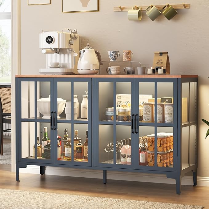 53" 3-Sided Glass Sideboard Buffet Cabinet with COB Lights, Adjustable Shelves, Modern Metal-Wood Buffet Table with Storage, Glass Display Cabinet for Coffee Bar Dining Room Kitchen, Blue