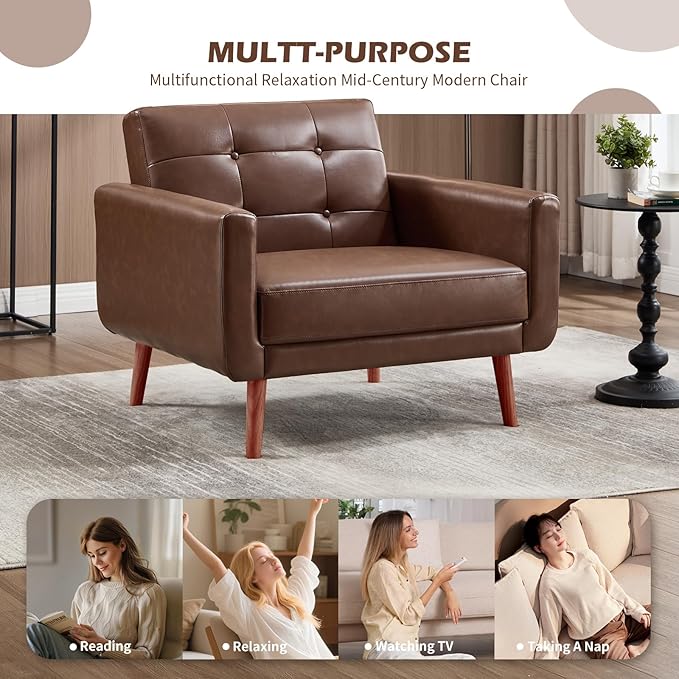 CANMOV 29" W Oversized Leather Accent Chair, Armchair Button Back, Mid Century Modern Accent Chairs for Living Room, Modern Upholstered Bed Room Chair Cozy Armchair with Wood Legs, Brown