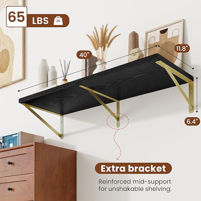 Deep Wall Shelves 40"W x 12"D Engineered Wood Floating Shelves for Wall, Sturdy Metal Bracket(Gold) Bookshelves Home Decor Storage for Living Room Bedroom Bathroom Kitchen, Set of 2, Black Finish