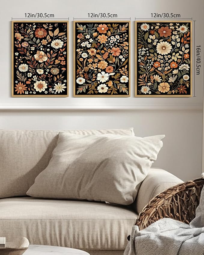 KUVIOKE Orange Vintage Flower Framed Wall Art Boho Floral Wall Decor Retro Wildflower Modern Art Prints for Living Room Bedroom 12x16in (Natural Framed)