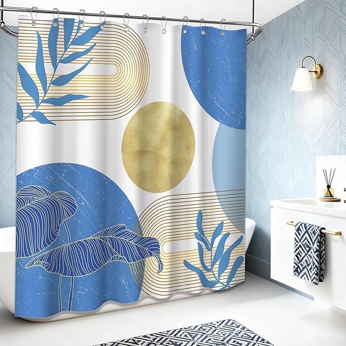 Light Blue and Gold Shower Curtain Boho Blue and White Shower Curtains for Bathroom Decor Mid Century Modern Bath Curtain Set, Waterproof Fabric with Hooks 60 x 72 Inch