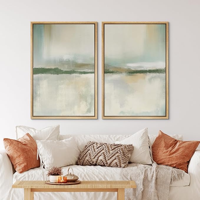 IDEA4WALL Framed Canvas Print Wall Art Set Serene Lake Landscape Abstract Illustrations Modern Art Decorative Coastal Cottage Seascape for Bedroom - 24"x36"x2 Natural