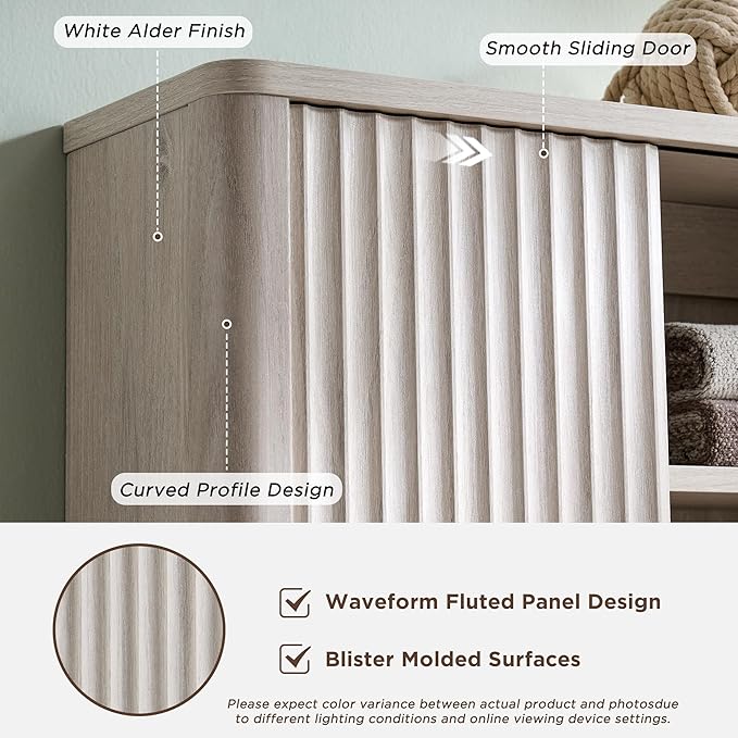 RedLemon Bathroom Wall Cabinet with Fluted Sliding Door, Modern Medicine Cabinet with Adjustable Shelf, Curved Profile Wall Mounted Storage Organizer, White Alder