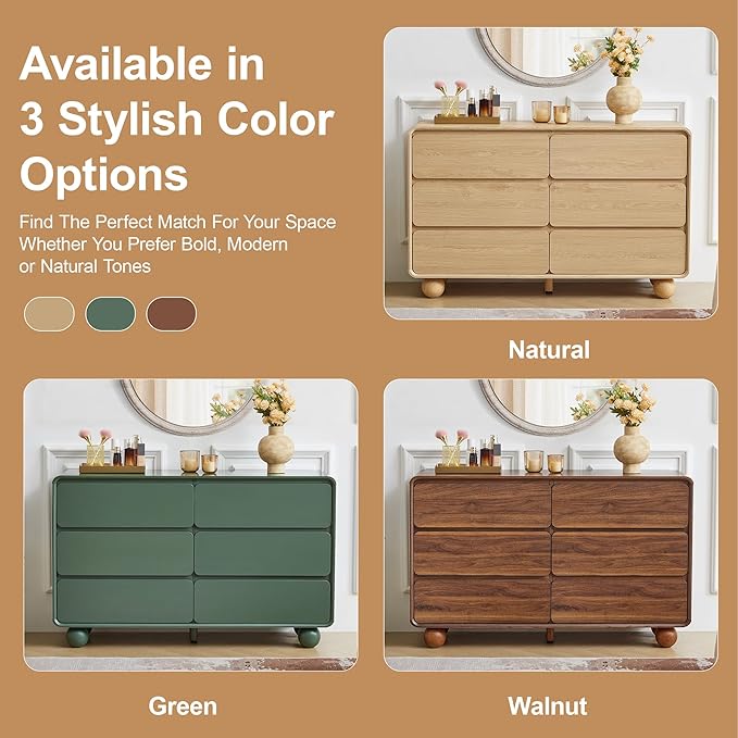 AVZEAR Modern 6 Drawer Dresser for Bedroom, 48" Wide Wooden Dresser Chest of Drawers, Handle Free & Curved Profile Design, Mid Century Closet Clothes Storage Organizer for Living Room, Walnut