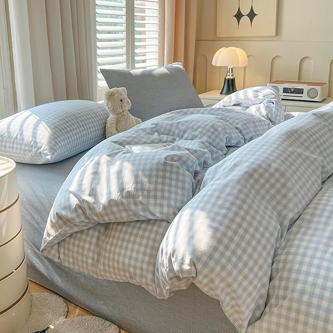 mixinni Light Blue Gingham Duvet Cover Set Full Size - 100% Washed Cotton 3 Piece Plaid Checkered Bedding Set, Soft Comfy Grid Farmhouse Comforter Cover with Zipper Closure & Corner Ties