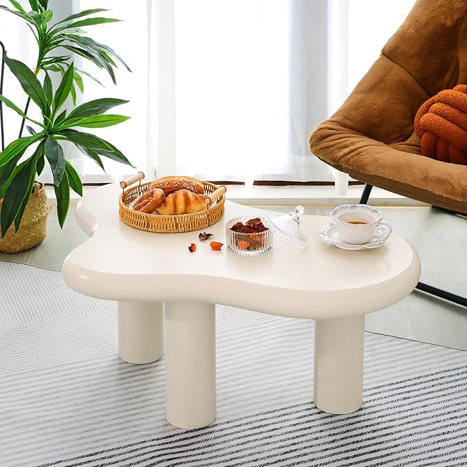 34"(L) Cloud Coffee Table, Modern Wood Coffee Table for Living Room, Accent Center Tables with 3 Legs, Small Tea Tables for Balcony, Patio, Bedroom, Cream White