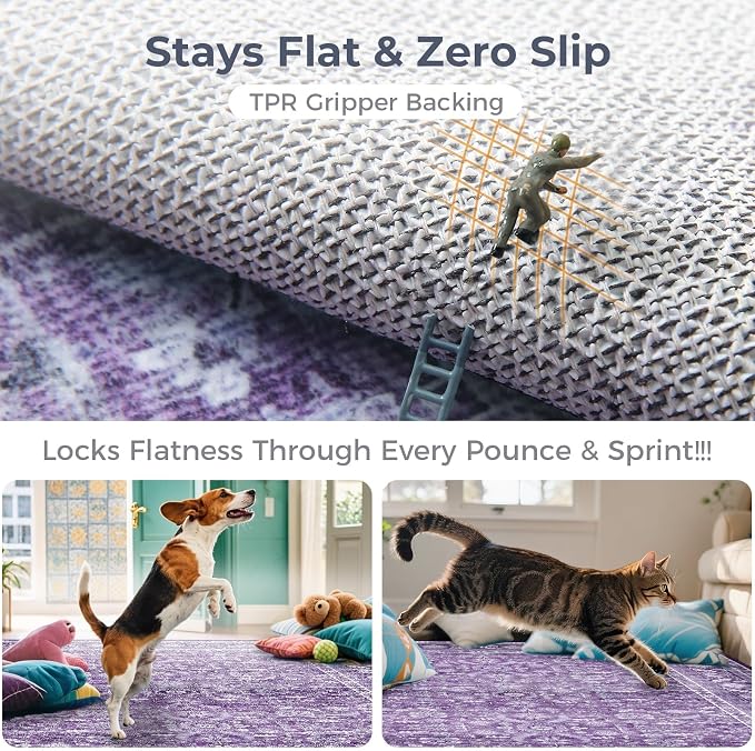 OPPODREAM Vintage Purple Area Rugs 5x7, 5 x 7 Retro Washable Rug Non Slip, Low-Pile Faux Wool Carpet, Distressed Floor Mat for Living Room, Bedroom, Kitchen, Office, Dorm, Dinning Room