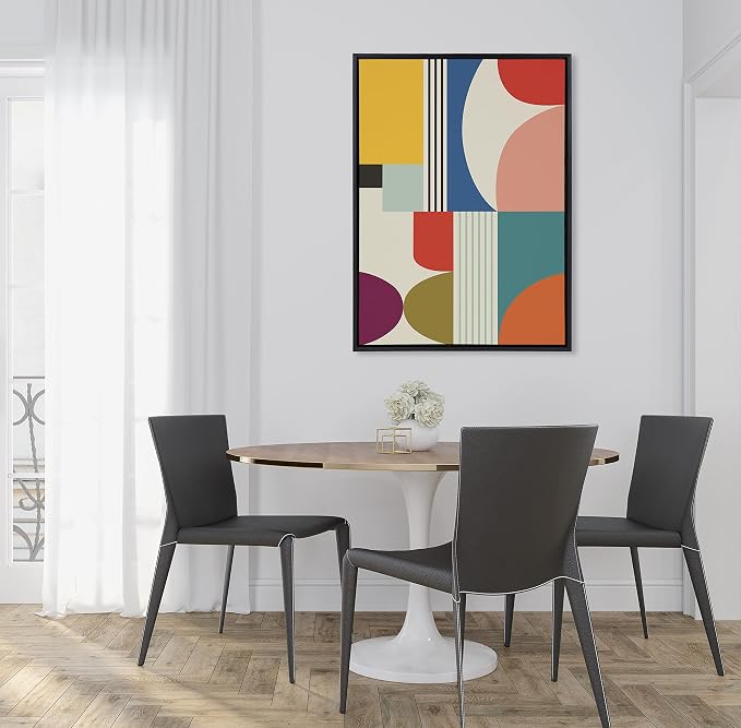 Kate and Laurel Sylvie Mid Century Modern Pattern Framed Canvas Wall Art by Rachel Lee of My Dream Wall, 28x38 Black, Colorful Abstract Art Print for Wall