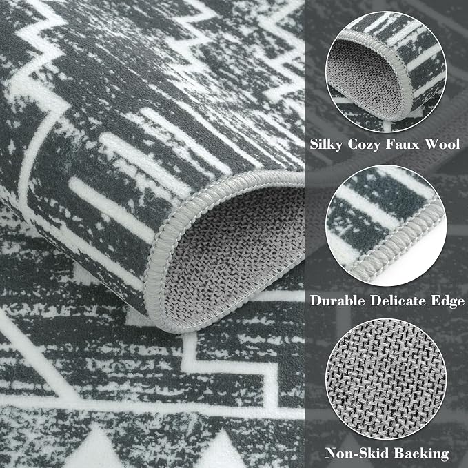 Wonnitar Washable Kitchen Runner Rug 2x6, Moroccan Grey Runners for Hallway, Non Slip Bohemian Soft Bathroom Throw Mat Geometric Carpet Runner for Laundry Entryway Bedroom (Dark Grey,2'x6')