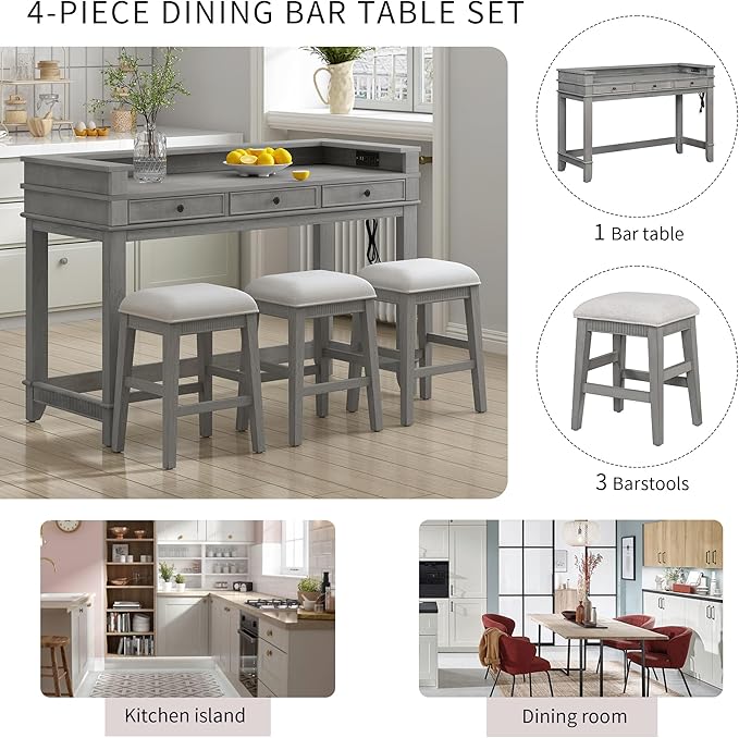 P PURLOVE 4 Piece Dining Bar Table Set with 3 Stools, Multifunctional, Industrial Style, USB Port, Space Saving, Solid Wood, Easy Assembly