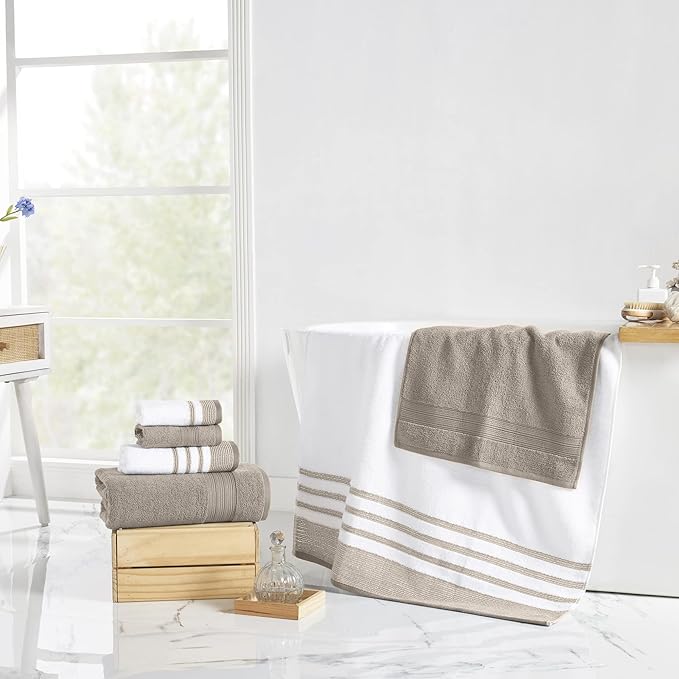 Modern Threads 6-Piece Towel Set – 100% Cotton, Quick Dry, Ultra Absorbent – Includes 2 Bath, 2 Hand, 2 Washcloths (White/Reinhart Tan)